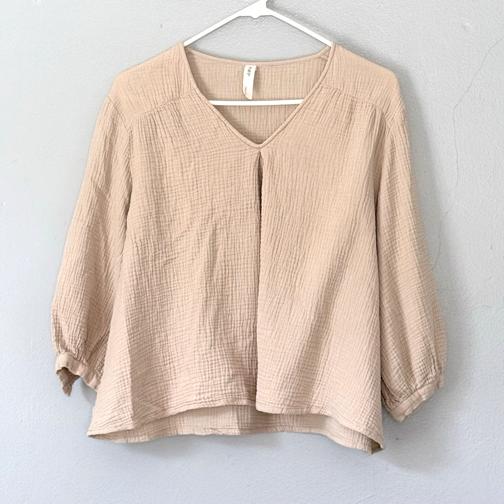 Nap Loungewear Top Size Small Beige 100% Cotton Gauzy Short Peasant Relaxed